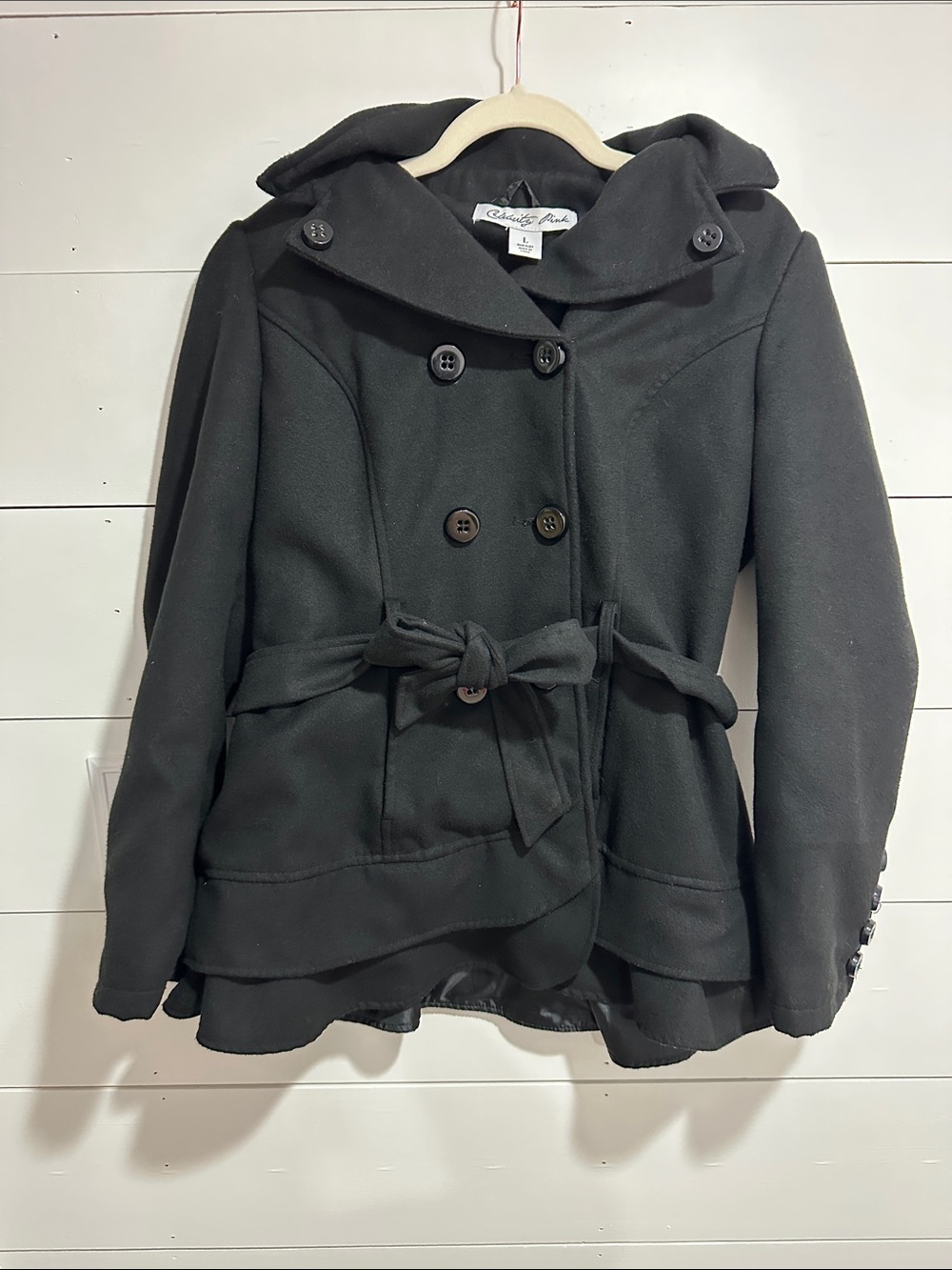 Celebrity Pink Black Hooded Double-Breasted Coat Size Large